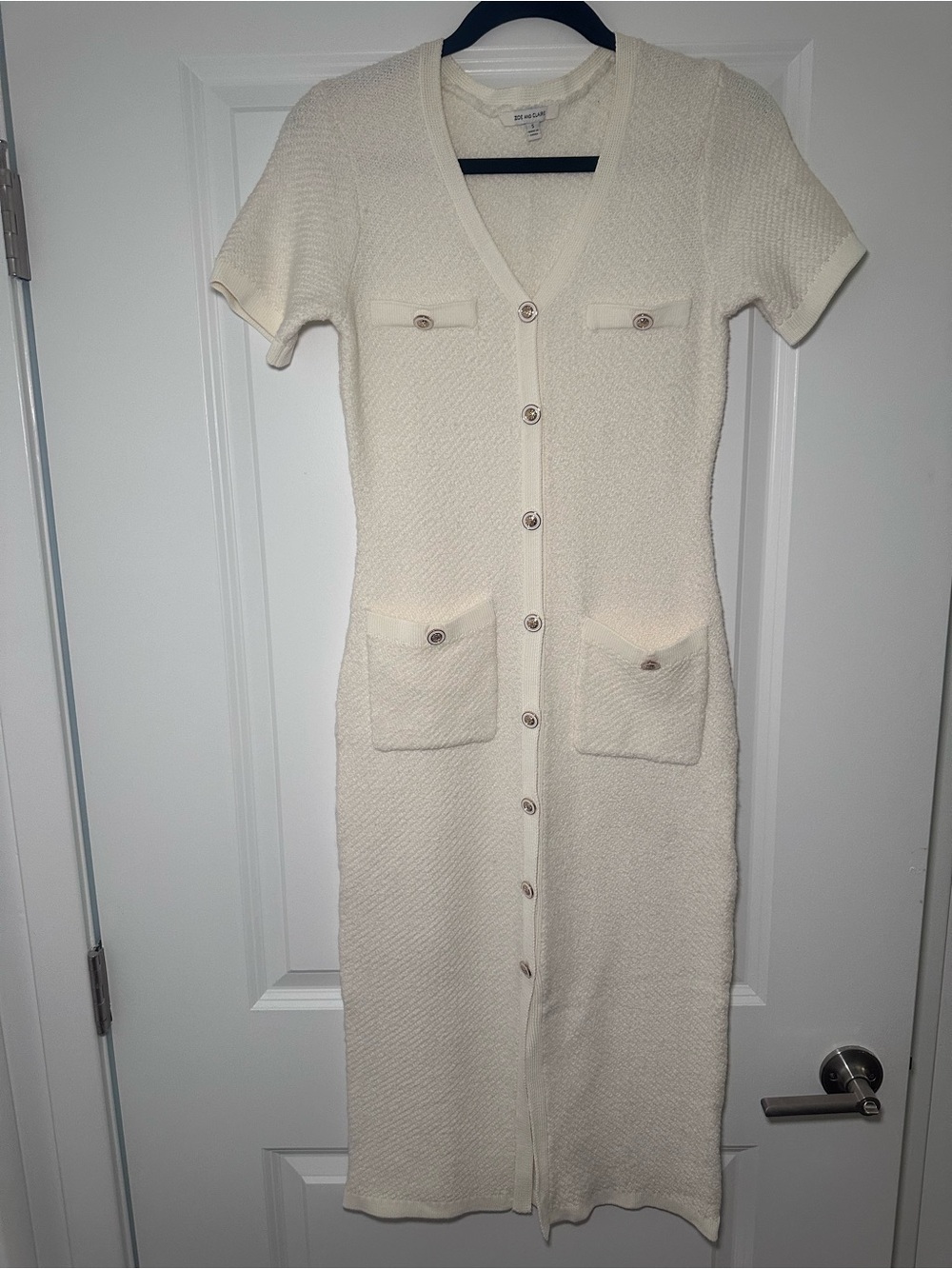 Ivory Button-Front Short Sleeve Midi Dress